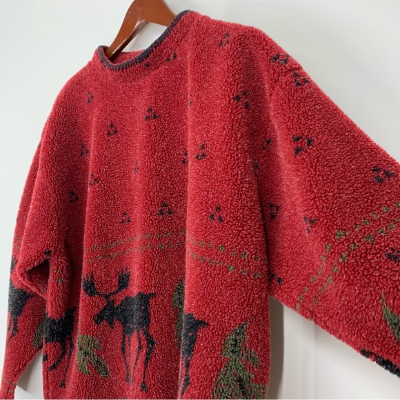 Alps Finest Quality Apparel Moose Print Winter Teddy Red Sweatshirt Size Large - Picture 5 of 16
